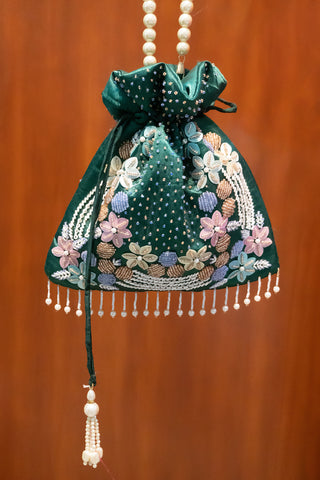 Elegant Green Satin Potli Bag with Pearl Handle, Sequins, and Bead Embellishments