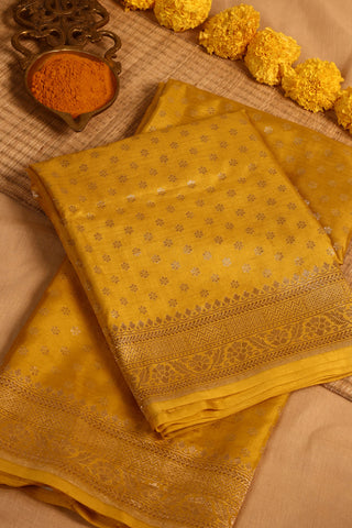 Marigold Yellow Banarsi Silk Saree with floral buttas and zari border
