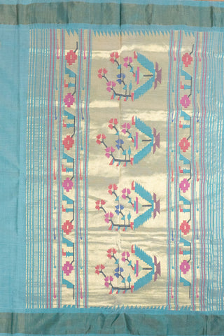 Blue and Cream Cotton Paithani Saree with floral vase motifs