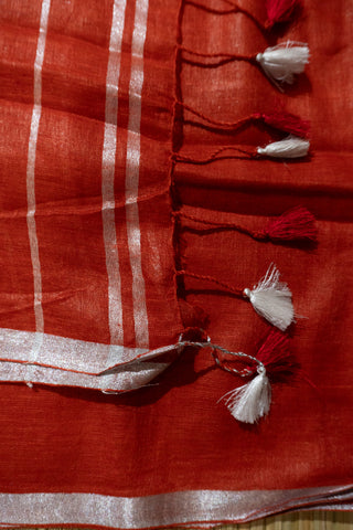 Red and Silver Pure Linen Saree