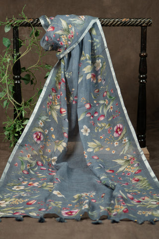Grey floral linen dupatta with silver border	