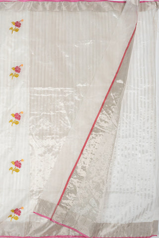 Off-white silk cotton Chanderi saree with pink hibiscus motifs and silver zari striped pallu