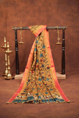 Golden beige hand-painted Kalamkari dupatta in Chinaya silk blend with floral creepers and Nandi motif border