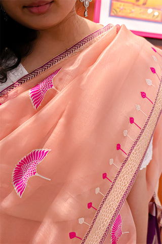 Elegant Peach Banarasi Silk Saree with Purple and Gold Border