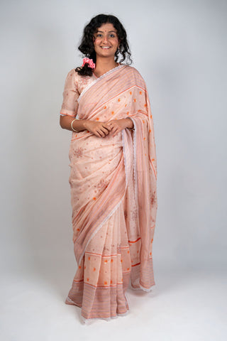 Light peach Chanderi saree with sequins and striped border