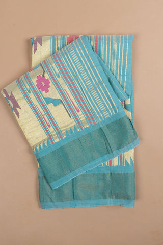 Blue and Cream Cotton Paithani Saree with floral vase motifs