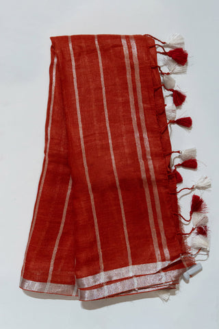 Red and Silver Pure Linen Saree