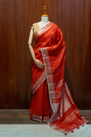 Handloom Red Linen Saree with Contrasting Silver Zari & Pearl-Detailed Lace