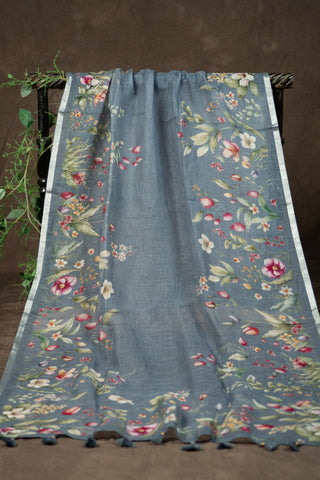 Grey floral linen dupatta with silver border	