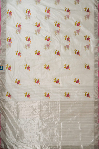 Off-white silk cotton Chanderi saree with pink hibiscus motifs and silver zari striped pallu