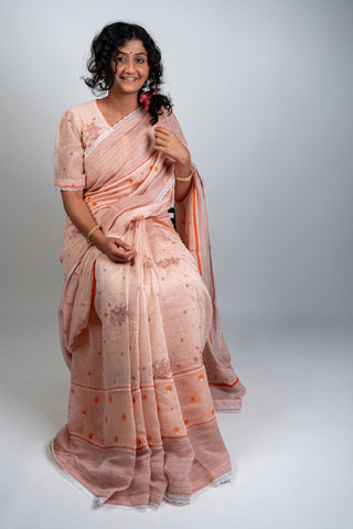 Light peach Chanderi saree with sequins and striped border