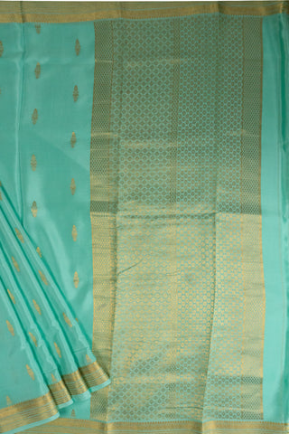 Elegant Sea Green Mysore Silk Saree with Gold Zari Border and Buttas