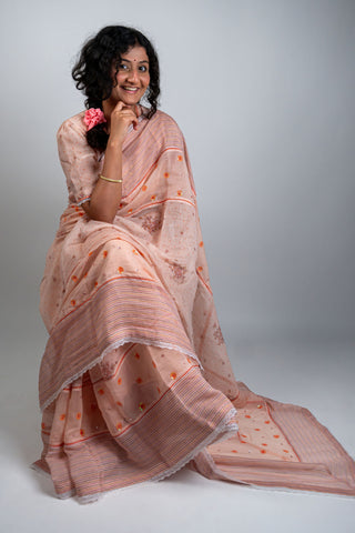 Light peach Chanderi saree with sequins and striped border