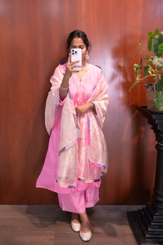 Valentine's Radiance: Rose Pink Hand Zardozi Silk Suit with Organza Dupatta