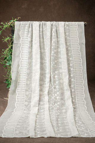 White mul cotton dupatta with all over thread floral embroidery