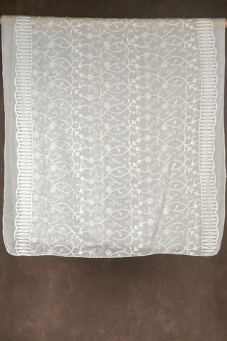 White mul cotton dupatta with all over thread floral embroidery