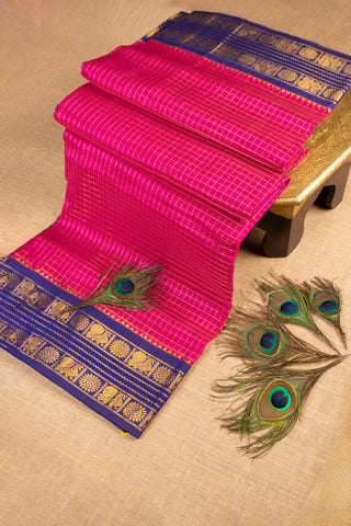 rani pink and royal blue handwoven silk cotton saree with golden zari checks handcrafted saree from Madhurya