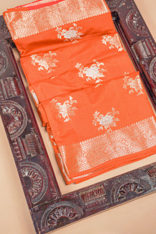 Rusty Orange Pure Silk Saree with Gold and Silver Zari Florals handwoven silk saree