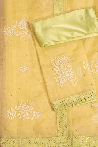 Yellow and Lime Green Organza Chikankari Saree with White Embroidery