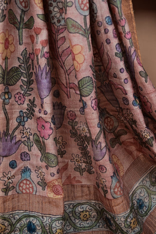 Hand-painted Tussar Kalamkari saree in earthy tones