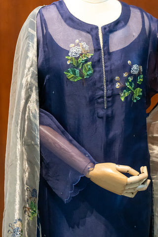 Exquisite Navy Blue Pure Silk Organza Kurta Pant Set with Hand-Painted & Embroidered Pure Organza Tissue Dupatta