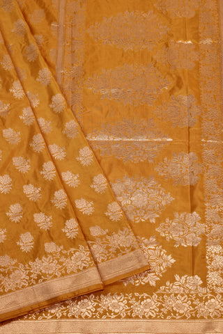 Mustard Yellow Banarsi Silk Saree with floral buttas and zari border