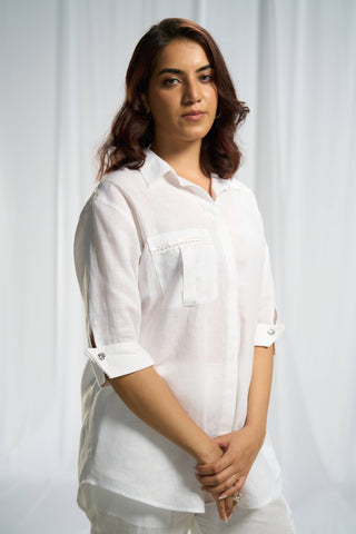 Oversized white linen shirt with statement pocket