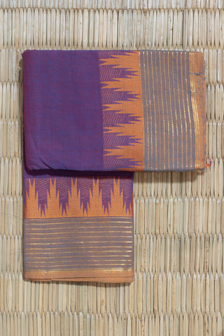 Red and Blue Chettinad Cotton Saree with Yellow Temple Motifs