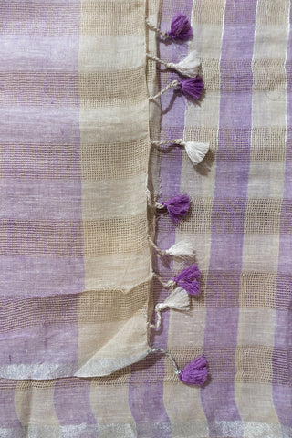 Purple and White Pure Linen Saree
