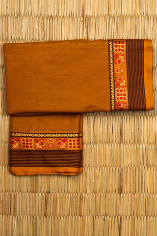 Rust Orange Chettinad Cotton Saree with Temple and Floral Motif Border