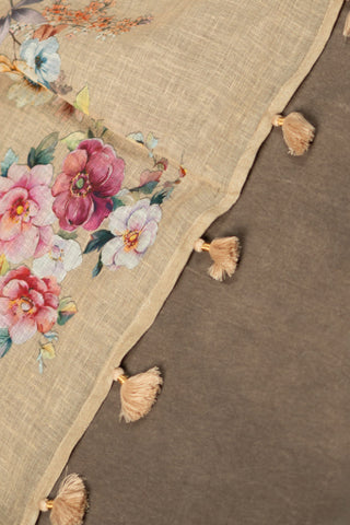 Floral linen dupatta with silver border	