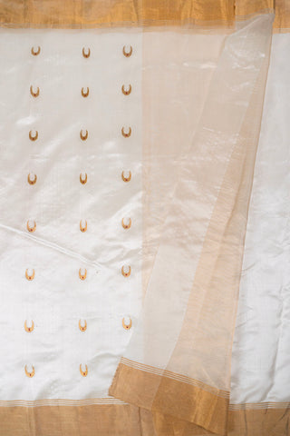 Off-white silk cotton Chanderi saree with gold zari chand motifs and red meenakari accents