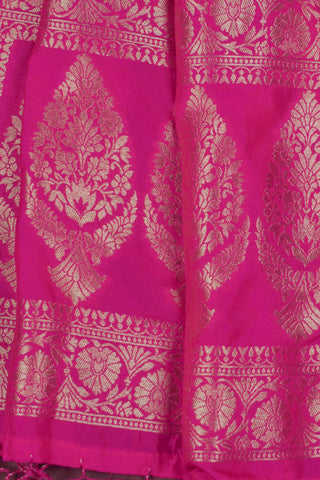 Magenta pink Banarasi jacquard dupatta with diagonal gold zari leheriya, orange meenakari accents and tree-of-life pallu