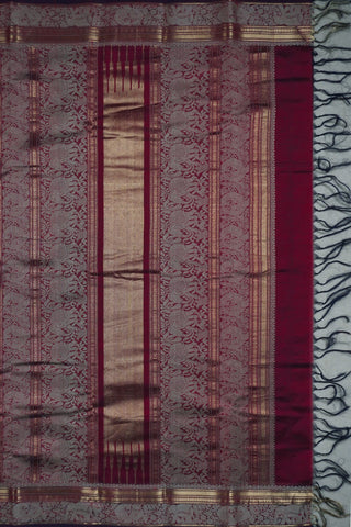 Wine plum and navy blue shot silk cotton saree with off white bird motifs and antique gold zari border
