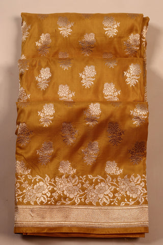 Mustard Yellow Banarsi Silk Saree with floral buttas and zari border