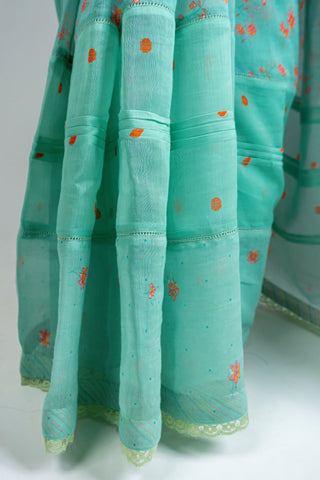 Aqua green Chanderi saree with peach floral prints