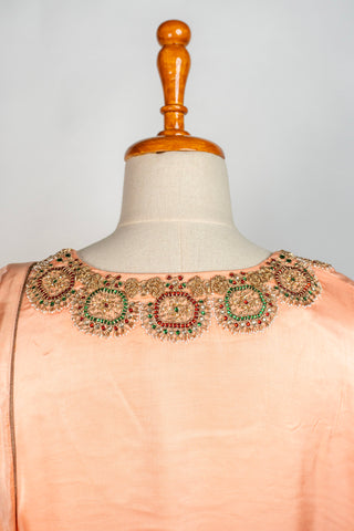 Peach Tanjore Modal Silk Kurti Pant Dupatta Set with Hand Embroidered Zardozi and Stone Work