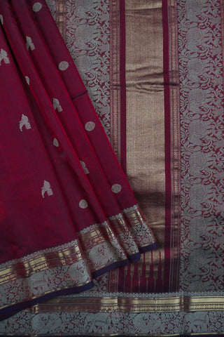 Wine plum and navy blue shot silk cotton saree with off white bird motifs and antique gold zari border