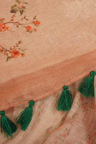 Light Brown Linen Saree with Orange Floral Motifs and Green Tassels