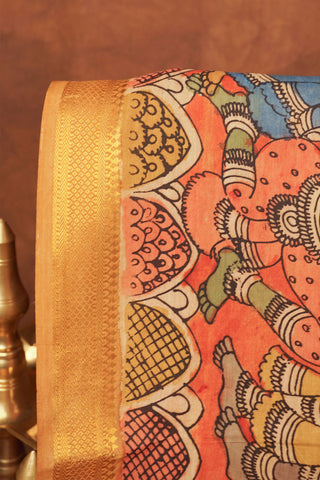 Rust orange Kalamkari saree with hand-painted floral vines, mythological figures and gold zari edging