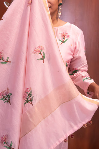 Pink Chanderi Silk Tassel Dupatta Suit with Hand-Painted Floral Design