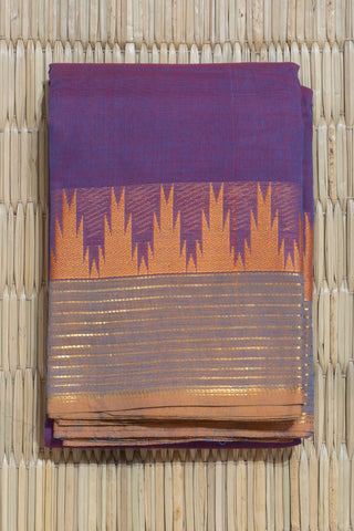 Red and Blue Chettinad Cotton Saree with Yellow Temple Motifs
