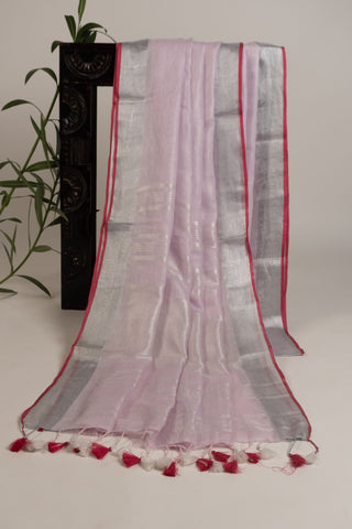 Pink linen saree with magenta border and tassels