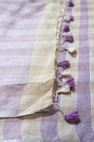 Purple and White Pure Linen Saree