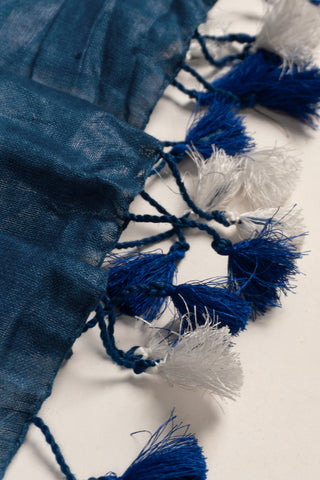 blue pure tissue linen saree with gold zari stripes and geometric pallu handcrafted saree from Madhurya