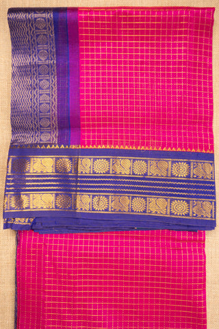 rani pink and royal blue handwoven silk cotton saree with golden zari checks handcrafted saree from Madhurya