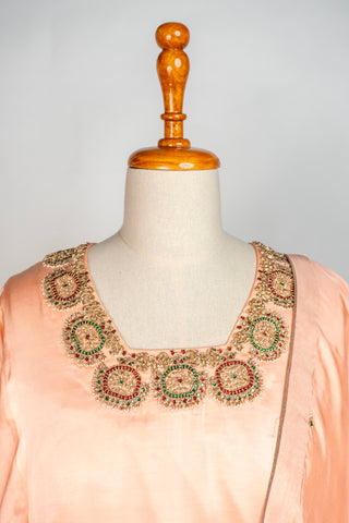 Peach Tanjore Modal Silk Kurti Pant Dupatta Set with Hand Embroidered Zardozi and Stone Work