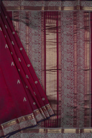 Wine plum and navy blue shot silk cotton saree with off white bird motifs and antique gold zari border