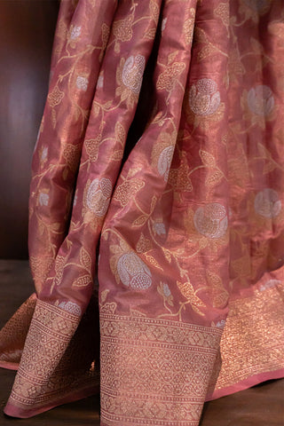 Blush Pink Pure Katan Silk Floral Banarasi Saree