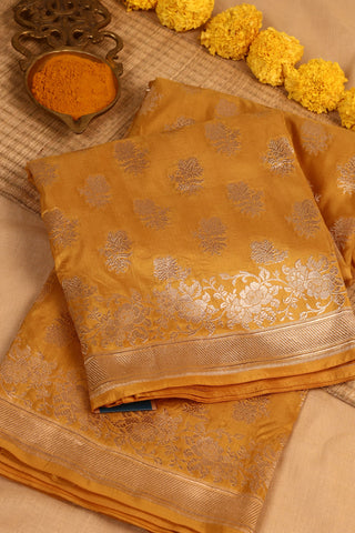 Mustard Yellow Banarsi Silk Saree with floral buttas and zari border